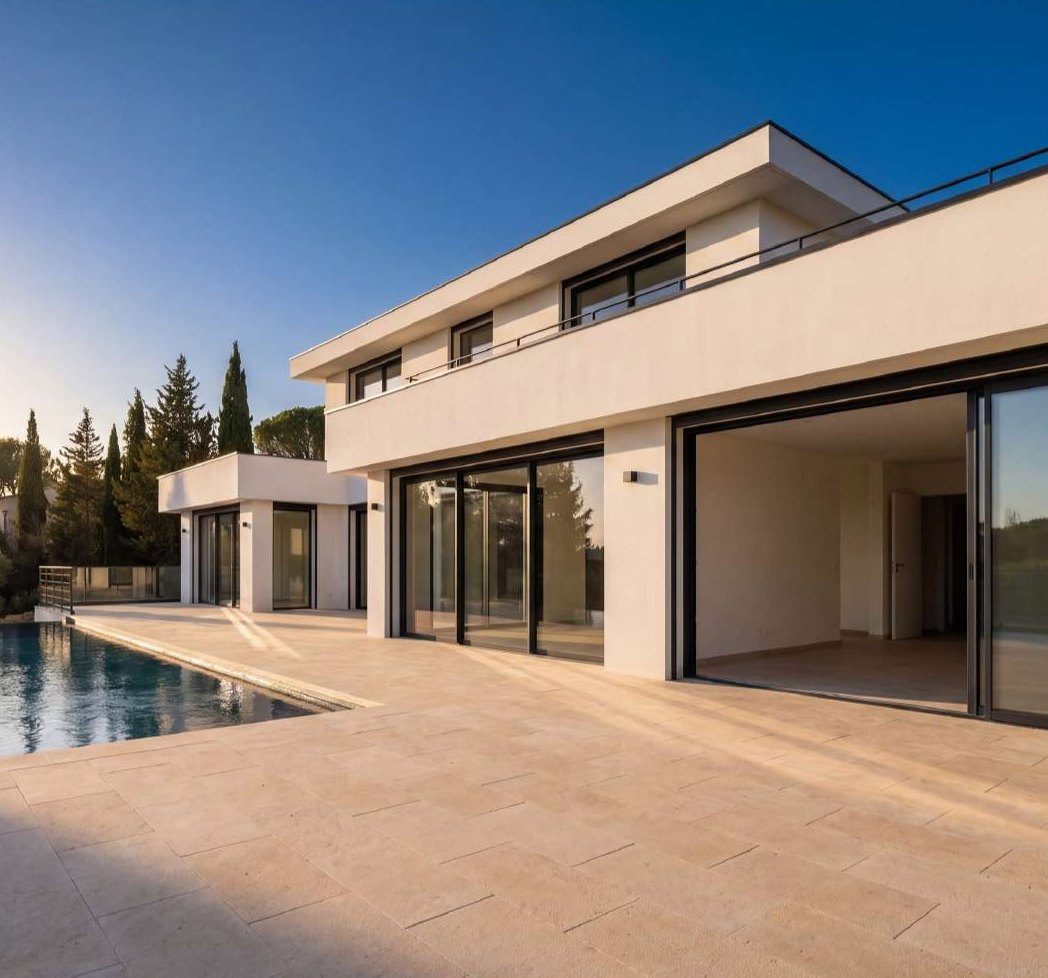 Villa contemporaine avec baies vitrées coulissantes aluminium donnant sur la piscine
